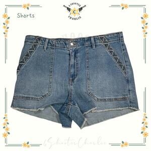 Knox Rose Chevron Embroidered Shorts Front Pocket Women Sz 12 Blue Denim Raw Hem